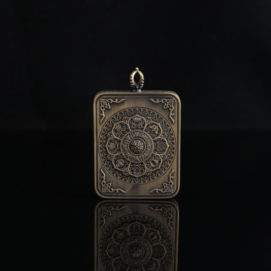 Yellow Jambhala Tibetan Thangka Pendant with Eight Auspicious Tibetan Signs Shell puretibetan