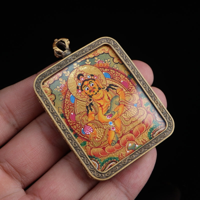 Yellow Jambhala Tibetan Thangka Pendant with Vajra Shell puretibetan