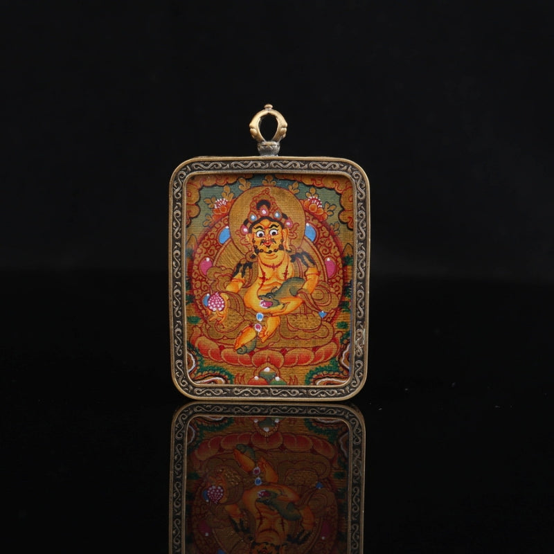 Yellow Jambhala Tibetan Thangka Pendant with Vajra Shell puretibetan