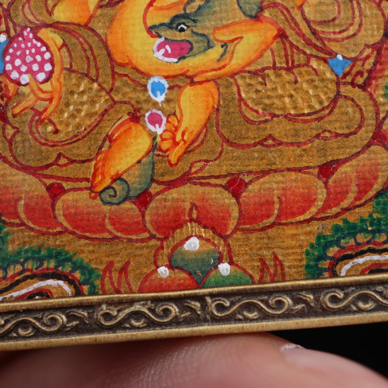 Yellow Jambhala Tibetan Thangka Pendant with Vajra Shell puretibetan