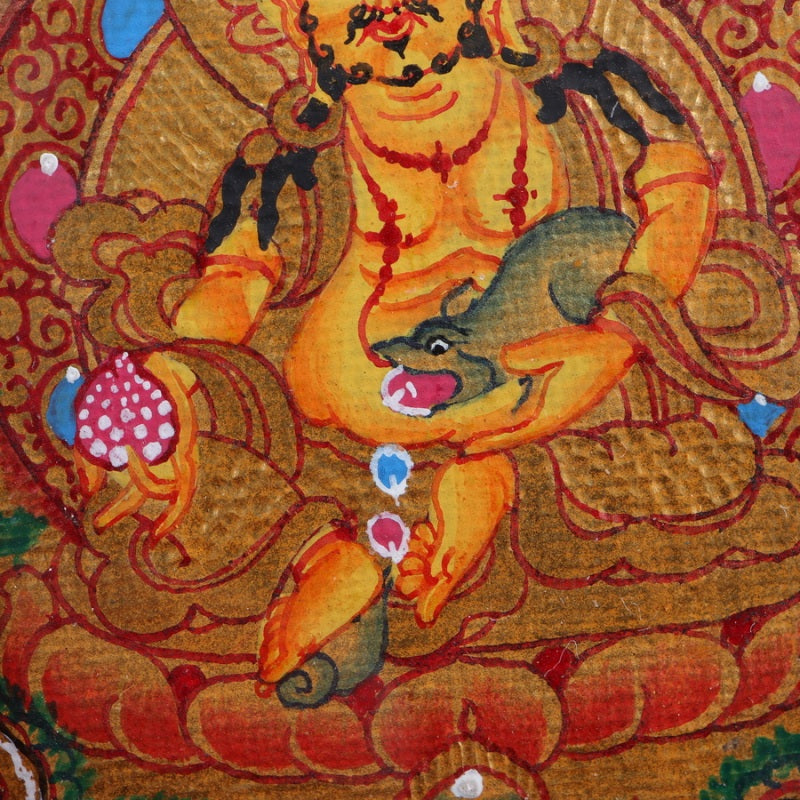 Yellow Jambhala Tibetan Thangka Pendant with Vajra Shell puretibetan