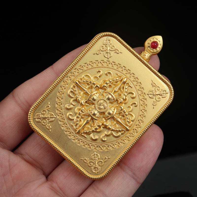 Yellow Jambhala and Prajnaparamita Eye Tibetan Thangka Pendant puretibetan