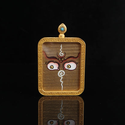 Yellow Jambhala and Prajnaparamita Eye Tibetan Thangka Pendant puretibetan