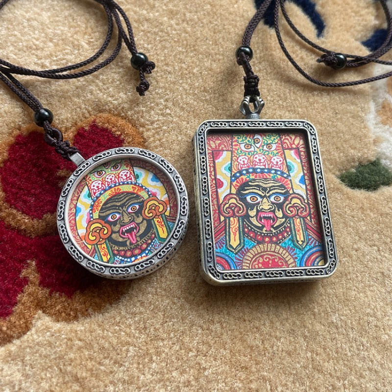 Zhajilamu (Shakyamuni Buddha) Hand-painted Tibetan Thangka Pendant with “Om Ah Hum” and Protective Mantra Against Crossing Over inside puretibetan