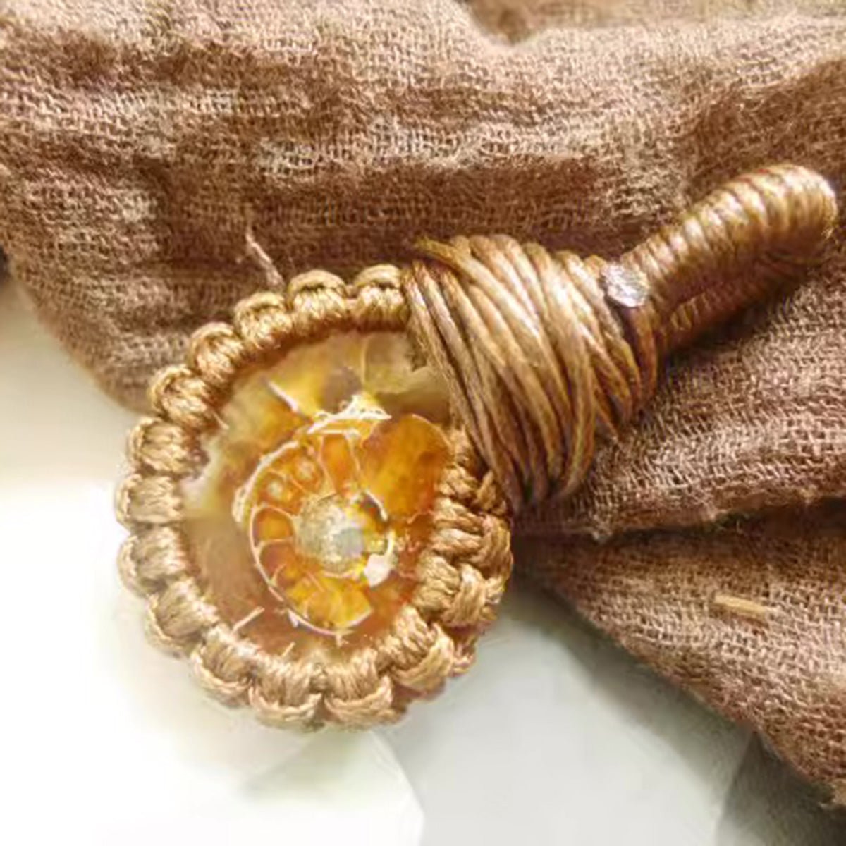 "Ancient Primitive Energy | Natural Colorful Snail Fossil Hand - woven Net Bag With Wax Rope Pendant" - Oriental Treasure