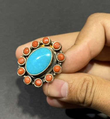 Circle of Harmony Ring | Pure Silver Ring with Turquoise and Red Coral for Balance and Protection - Kailash Energy