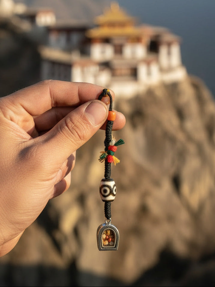 Three-Eyed Dzi Tibetan Silver Braided Keychain Charm