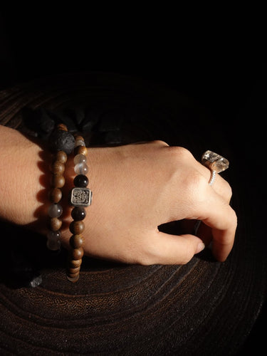"Fortune Blessings" Zakirum Black Onyx & Agarwood Gray Moonstone Bracelet - Spiritual Guardian Unisex Couple Bracelet - Kailash Energy