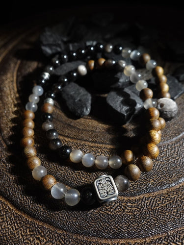 "Fortune Blessings" Zakirum Black Onyx & Agarwood Gray Moonstone Bracelet - Spiritual Guardian Unisex Couple Bracelet - Kailash Energy