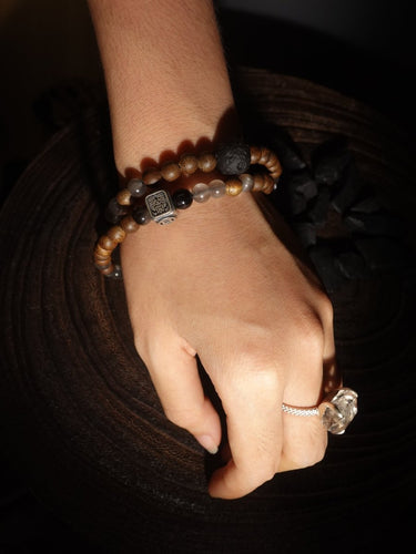"Fortune Blessings" Zakirum Black Onyx & Agarwood Gray Moonstone Bracelet - Spiritual Guardian Unisex Couple Bracelet - Kailash Energy