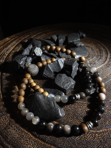 "Fortune Blessings" Zakirum Black Onyx & Agarwood Gray Moonstone Bracelet - Spiritual Guardian Unisex Couple Bracelet - Kailash Energy