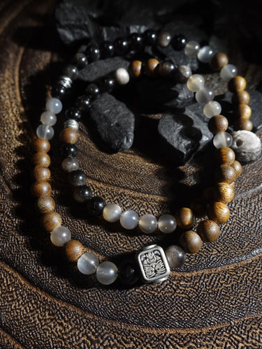 "Fortune Blessings" Zakirum Black Onyx & Agarwood Gray Moonstone Bracelet - Spiritual Guardian Unisex Couple Bracelet - Kailash Energy