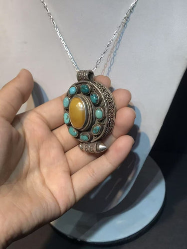 Golden Aura Pendant | Pure Silver Necklace with Turquoise and Amber for Spiritual Clarity and Protection - Kailash Energy
