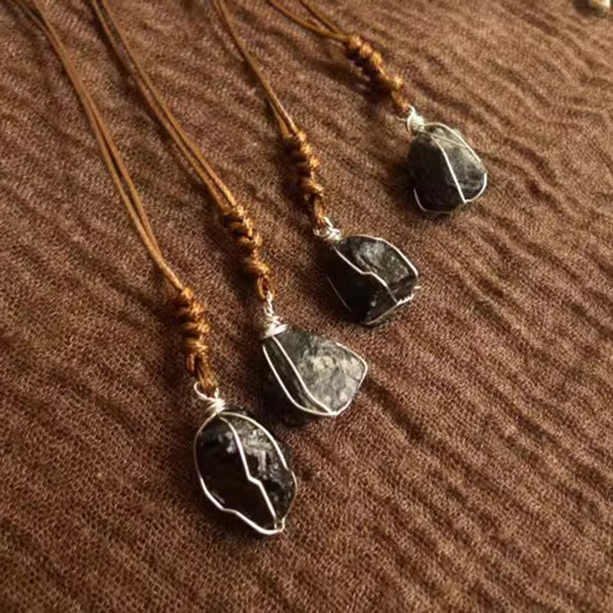 "Grounding | Tibetan Natural Quartz Black Tourmaline Irregular | Winding Pendant Handmade Wax Rope Braided Necklace" - Oriental Treasure