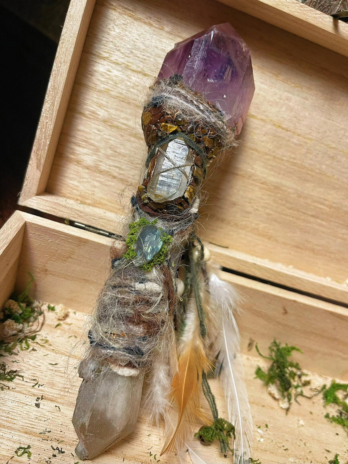 "Spring God Torch" scepter Tibetan White Quartz Crystal Amethyst Moonstone Handmade