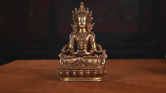 19th Century Amitayus Tibetan Antique Buddha Statue Bronze Gilt From Zhongwuer Monastery