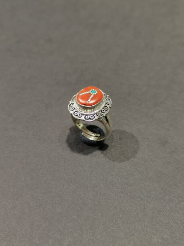 Sacred Coral & Turquoise Ring | Pure Silver Adjustable Design for Spiritual Strength and Harmony - Kailash Energy