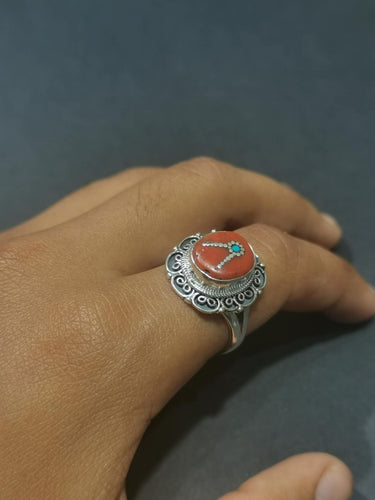 Sacred Coral & Turquoise Ring | Pure Silver Adjustable Design for Spiritual Strength and Harmony - Kailash Energy