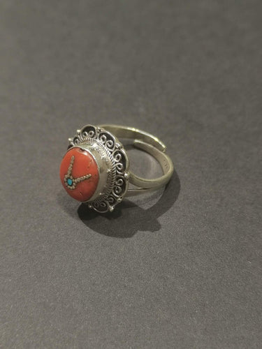 Sacred Coral & Turquoise Ring | Pure Silver Adjustable Design for Spiritual Strength and Harmony - Kailash Energy