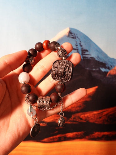 Silver Vintage Amber Ancient Agarwood Zakirum Square Pendant Jade Thai Silver Beaded Elastic Bracelet - Kailash Energy