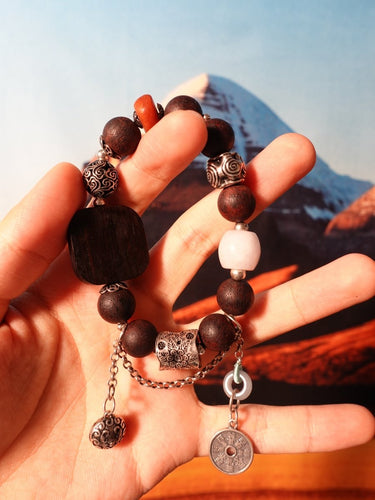 Silver Vintage Amber Ancient Agarwood Zakirum Square Pendant Jade Thai Silver Beaded Elastic Bracelet - Kailash Energy