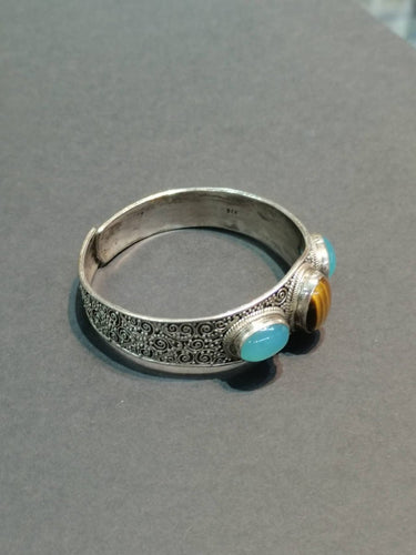 Tranquil Strength Bracelet | Pure Silver Bangle with Aquamarine and Tiger Eye for Calm and Protection - Kailash Energy