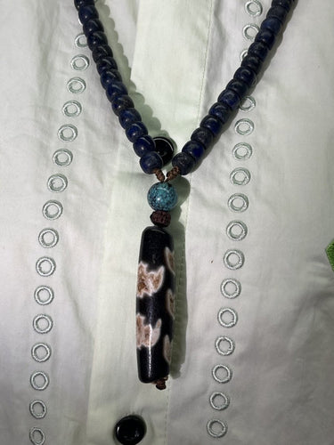 【Unique Item】 Lapis & Turquoise Tibetan Dzi Pendant Necklace - Kailash Energy