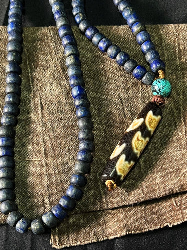 【Unique Item】 Lapis & Turquoise Tibetan Dzi Pendant Necklace - Kailash Energy
