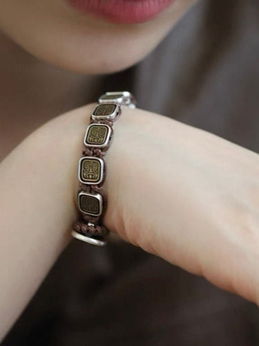 「Zakirum: Female Fortune Guardian」925 Sterling Silver Heavy Craft Square Pendant Braided Bracelet - Edgy Chic Fusion of Tibetan Art & Modern Streetwear - Kailash Energy