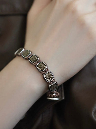 「Zakirum: Female Fortune Guardian」925 Sterling Silver Heavy Craft Square Pendant Braided Bracelet - Edgy Chic Fusion of Tibetan Art & Modern Streetwear - Kailash Energy