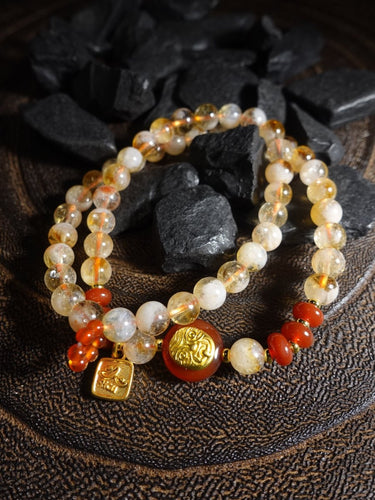 Zakirum's Fortune Abundance Bracelet: Hand - Inlaid Citrine & Southern Red Agate, Sacred Double - Row Design for Women - Kailash Energy