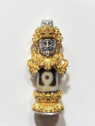 Zakirum's One - Eyed Dzi Bead Pendant: Gold - Plated Solid Silver Sacred Guardian Talisman - Kailash Energy