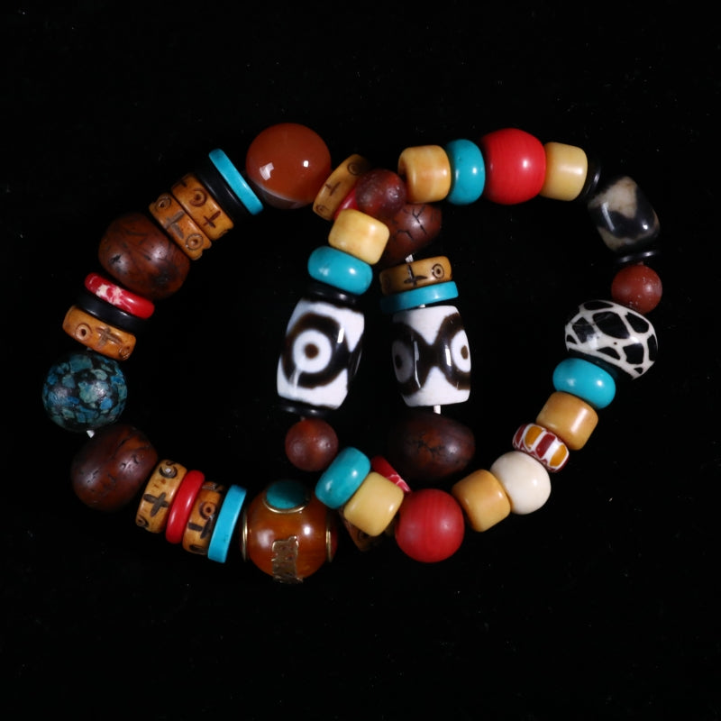 Tibetan Beaded Yak Bone & Three-Eyed Dzi Bead Bracelet & The Tibetan King's Spiritual Practice Three-Eyed Dzi Bead Bracelet puretibetan