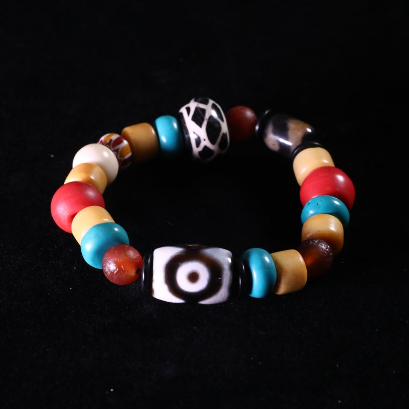 Tibetan Beaded Yak Bone & Three-Eyed Dzi Bead Bracelet puretibetan