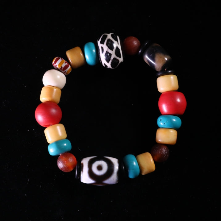 Tibetan Beaded Yak Bone & Three-Eyed Dzi Bead Bracelet puretibetan