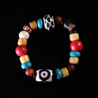 Tibetan Beaded Yak Bone & Three-Eyed Dzi Bead Bracelet puretibetan