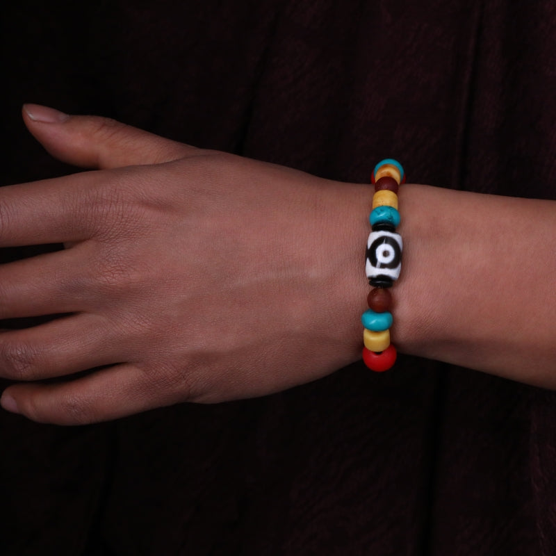 Tibetan Beaded Yak Bone & Three-Eyed Dzi Bead Bracelet puretibetan