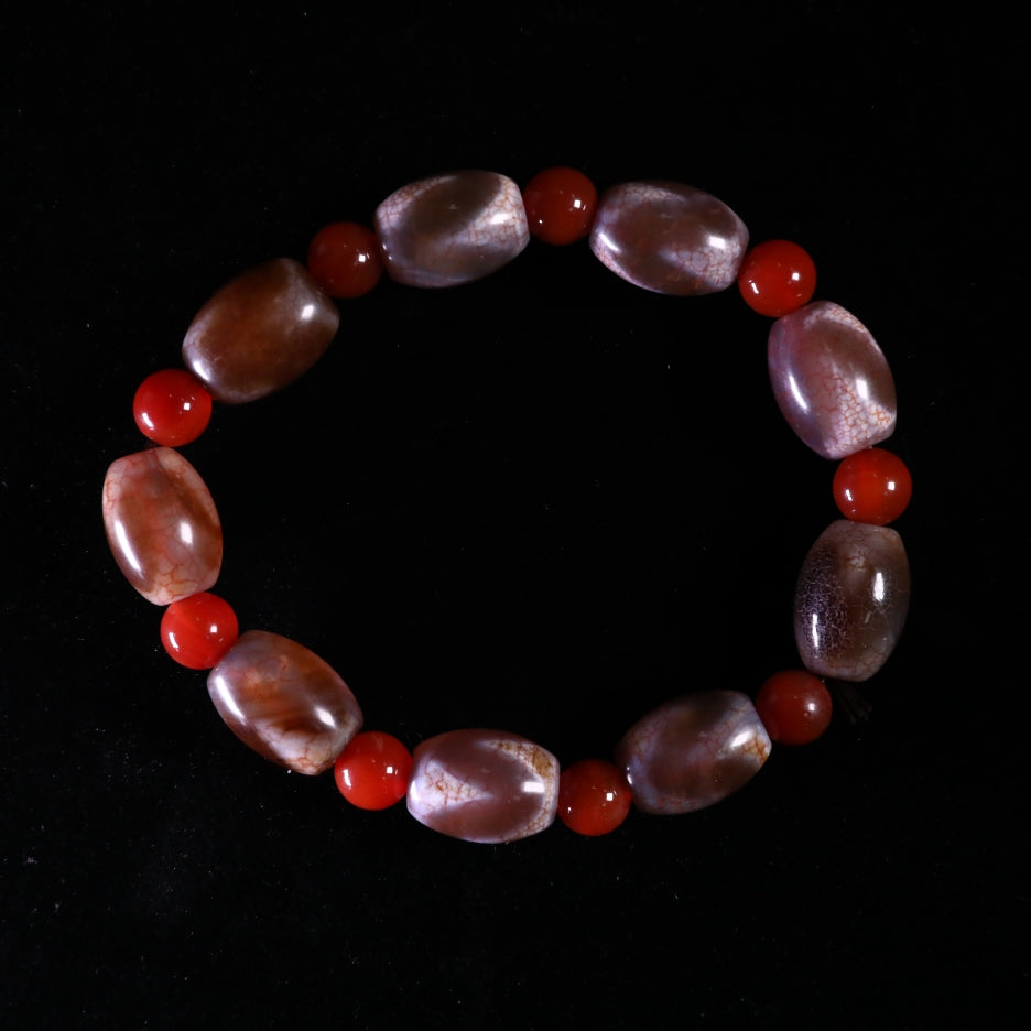 Tibetan Red Cracked Pattern Tiger-Teeth Dzi Beads Bracelet puretibetan